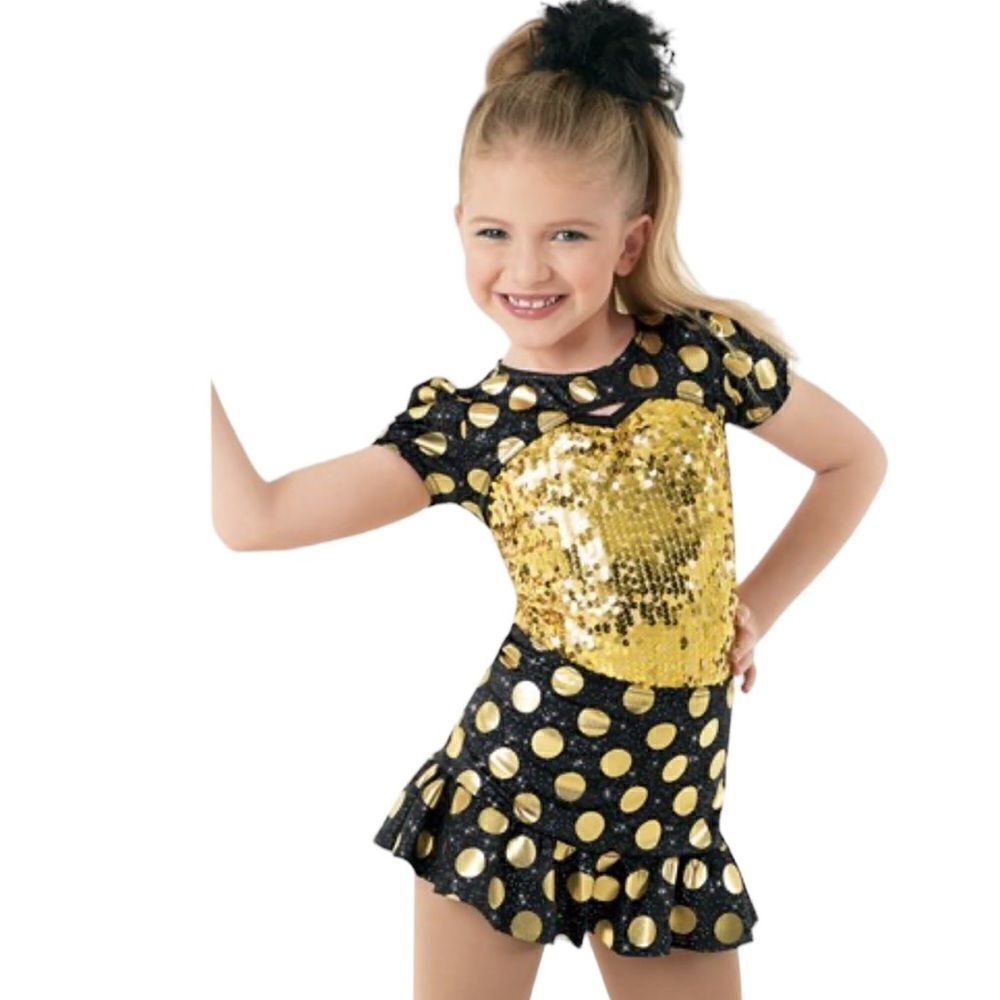 Weissman Jazz Dance Costume Girl’s Size XL Gold Black Sequins Polka Dot Pageant